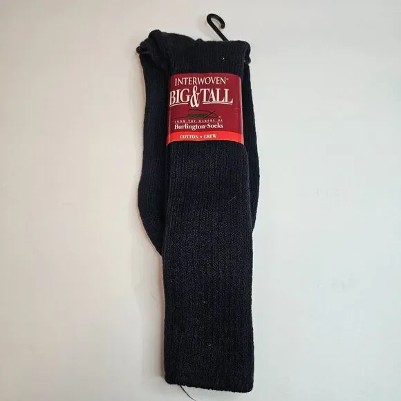 NOS Interwoven Big & Tall Navy Men's Cotton Crew Socks Made in USA Green Seam