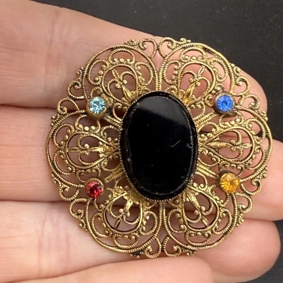 Vintage Brooch Gold Tone Onyx‎ Rhinestone Paste