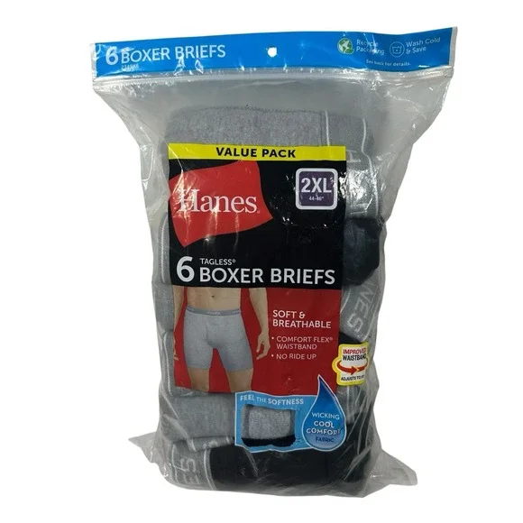 Hanes Mens Boxer Briefs Underwear Cool Comfort Tagless 6-Pack Size 2XL NEW