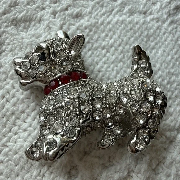 Vintage Scottish Terrier Silver Tone Brooch  Red Collar Rhinestone Pin‎