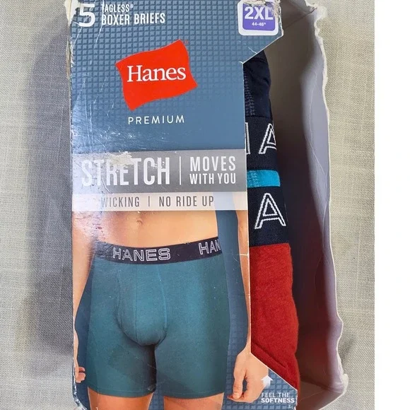 Hanes Premium Mens 5 Pack Stretch Boxer Briefs 2XL 44-46 Tagless Wicking Multi