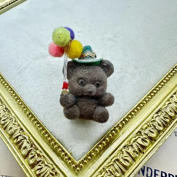 Vintage 80s brown flocked birthday bear pin hat and balloons brooch