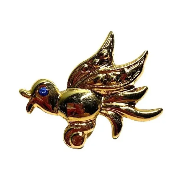 Vintage Chick Bird Brooch Pin in Gold Tone with Blue Rhinestone
