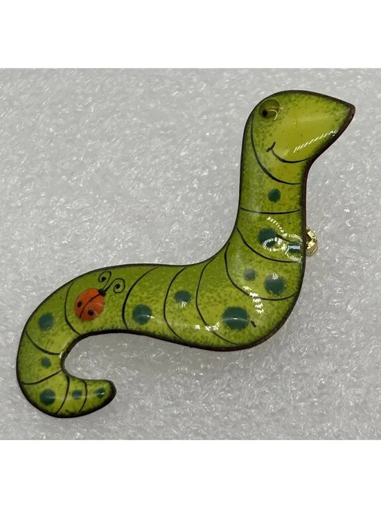 Vintage Nanci Caterpillar With Ladybug Brooch Enameled Copper Mid Century Signed
