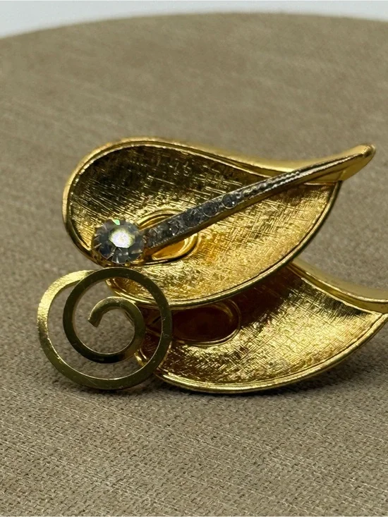 Germany Gold Leaf Spiral Brooch with Clear Crystal Accent - Brand Unknown