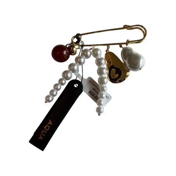 Aqua Gold Tone Pearl Charm Safety Pin Brooch NWT