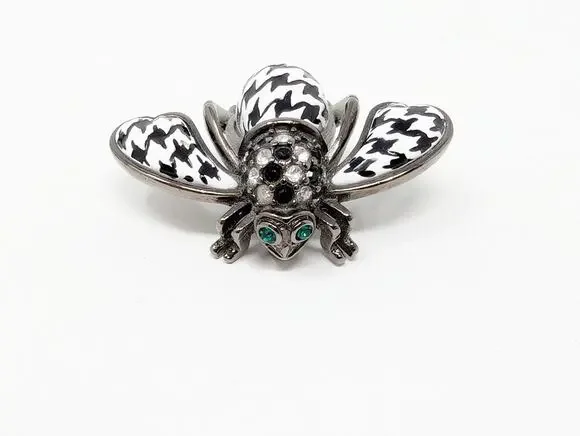 Joan Rivers Bee Brooch Houndstooth Black White Plaid Enamel Signed