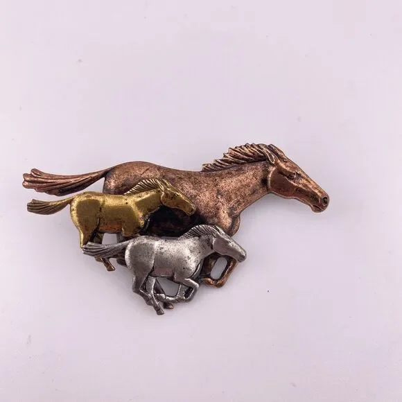 Horses Galloping Vintage Tri-Metal Brooch Pin