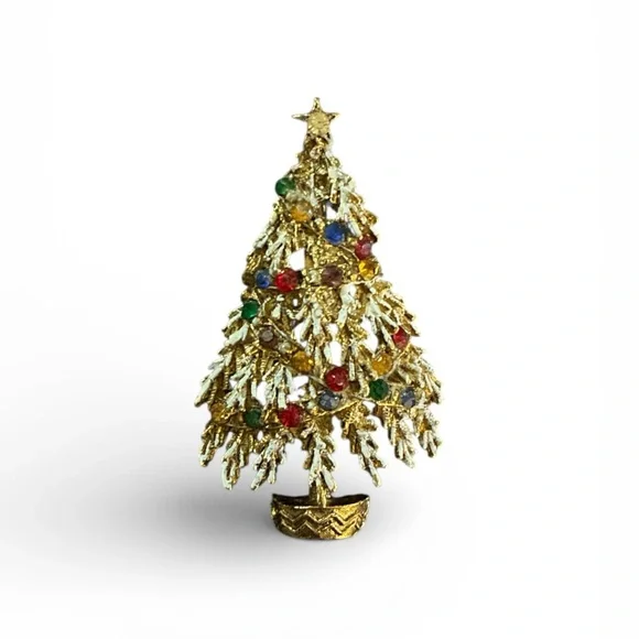 Vintage Unsigned ART Gold Tone Christmas Tree Brooch