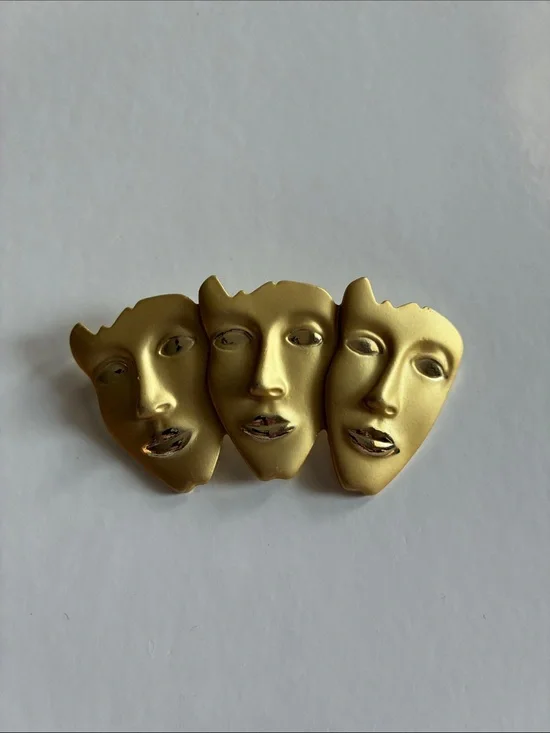 Vintage Gold Tone Triple Face Brooch Pin - Women Accessories