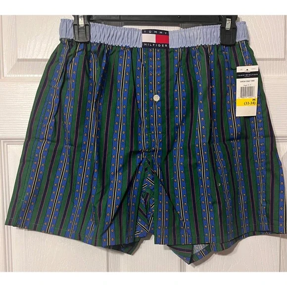 Tommy Hilfiger Mens Green Striped Patterned Cotton Boxer Shorts Medium NEW