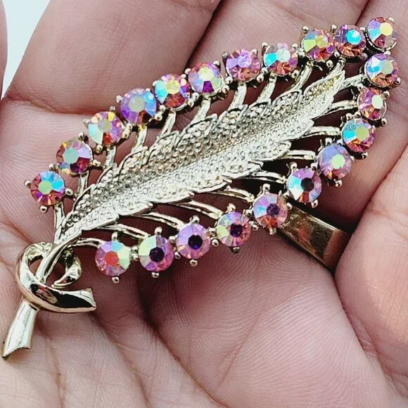 Vintage Pink Aurora Borealis Leaf Rhinestone Brooch Gold Tone 2 3/4