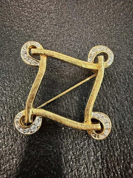 Trifari Gold-Tone Knotted Square Brooch with Clear Rhinestones