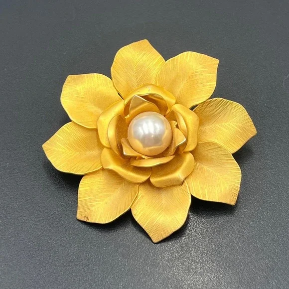 Large Vintage Etched Rose White Faux Pearl Center Matte Gold Tone Brooch  Flower