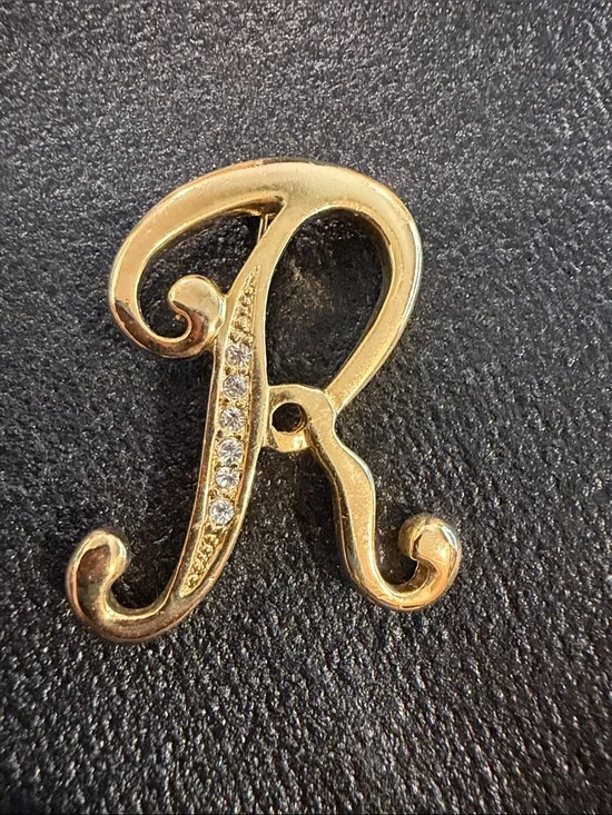 Gold Initial 'R' Pendant brooch with Crystal Accents