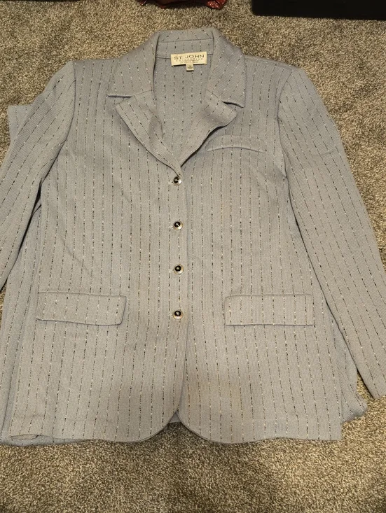 St. John Powder Blue Knit Blazer with Subtle Pinstripes set