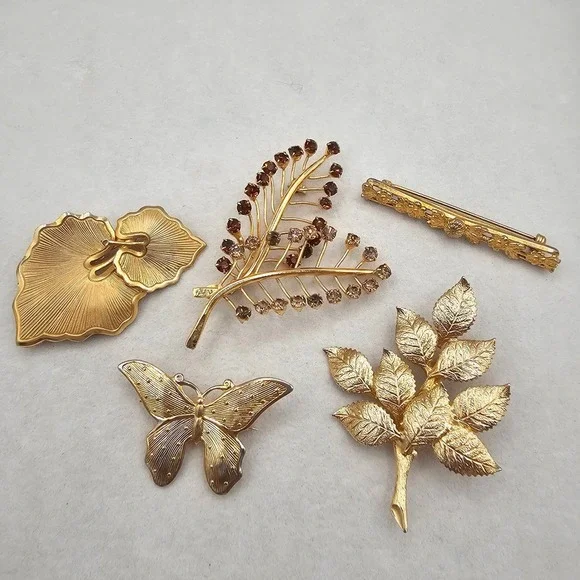Vintage Rhinestone Brooch Lot Gold Tone Butterfly Leaf Nature Botanical 5pc