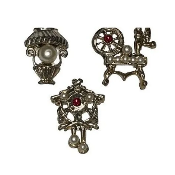 Vintage Brooch Sewing‎ Knitting Set Gold Tone Metal Faux Stones Pearls
