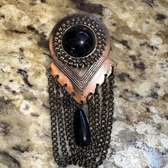 Artistic Black and Bronze Brooch with Chains