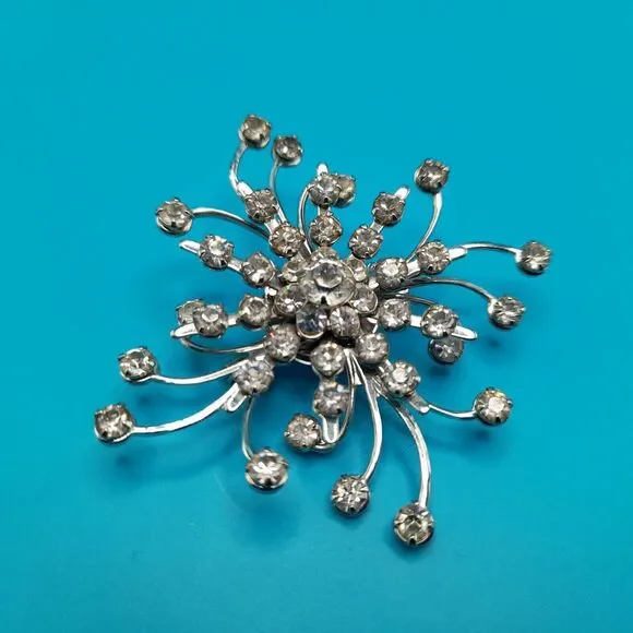Vintage Rhinestone Starburst Brooch Silver Tone Bridal Pin 2.5”