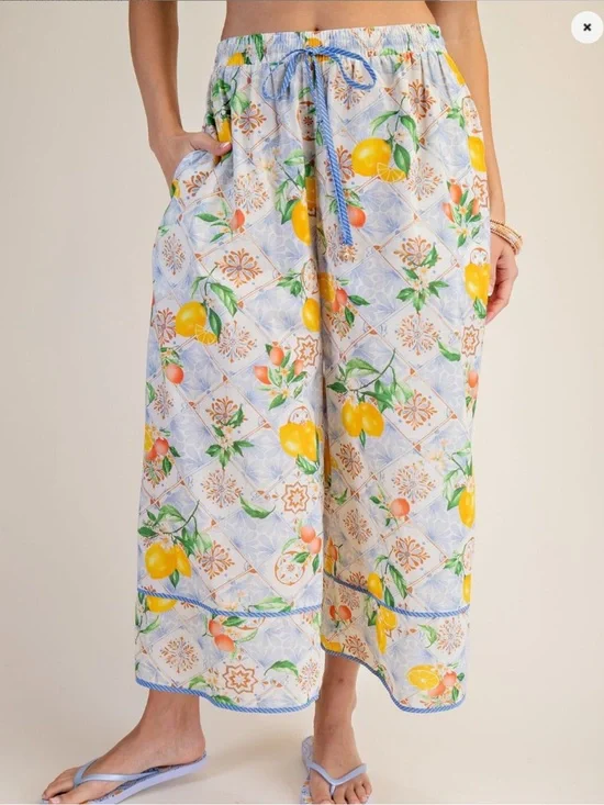 Easel Women's Lemon Tile Wide-Leg Drawstring Pants