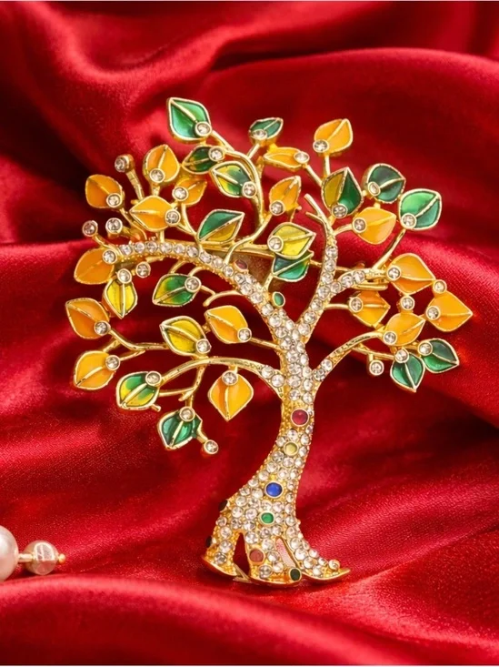 Vintage Style Tree  Gold Tone Crystal Rhinestone Colorful Leaf Pin Brooch