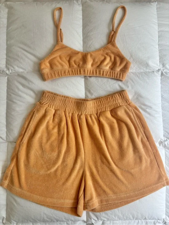 Crescent Terry Crop Bralette & Shorts Set in Peach