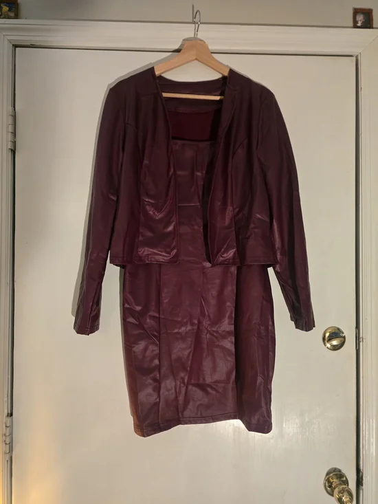 Women’s Faux Leather Jacket and Skirt Set in Deep Burgundy