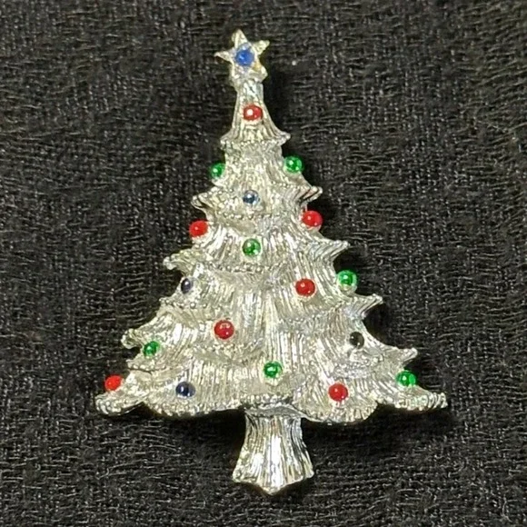 Vintage Gerry's Christmas Tree Brooch‎ Silver Tone Rhinestone Holiday Pin