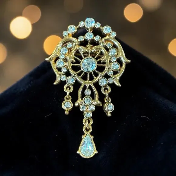 1928 Gold Rhinestone Chandelier Brooch Art Nouveau Dangle Statement Pin