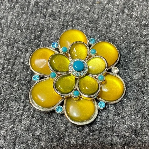 Vintage Flower Brooch Yellow‎ & Turquoise Rhinestone Floral Pin Costume Jewelry
