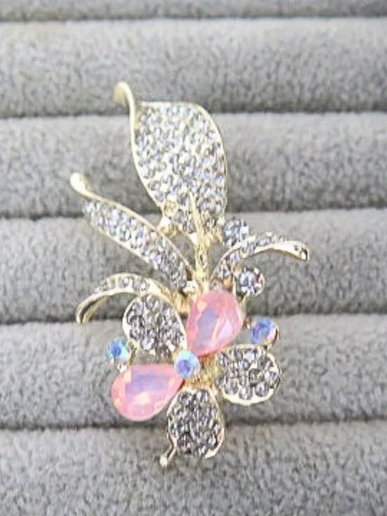 Gold Tone Pink Rhinestone Floral Leaf Statement Brooch Pin
