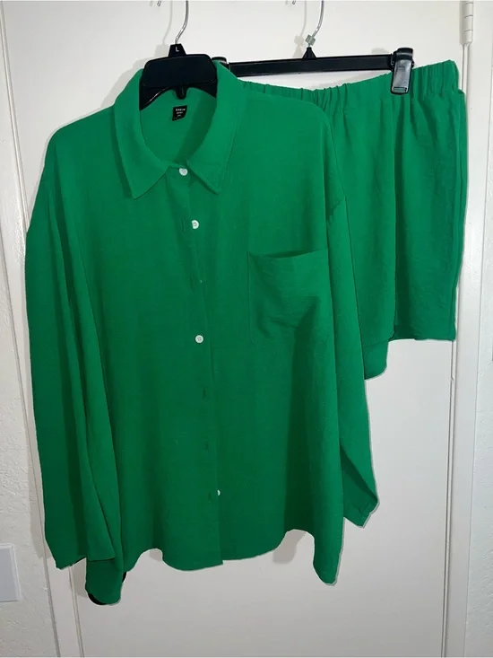 SHEIN Bright Green Long-Sleeve Button-Down Shirt and Short Matching Set