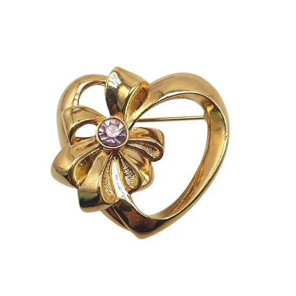 Avon Gold Tone Heart Brooch With Floral Pink Rhinestone Accent Vintage
