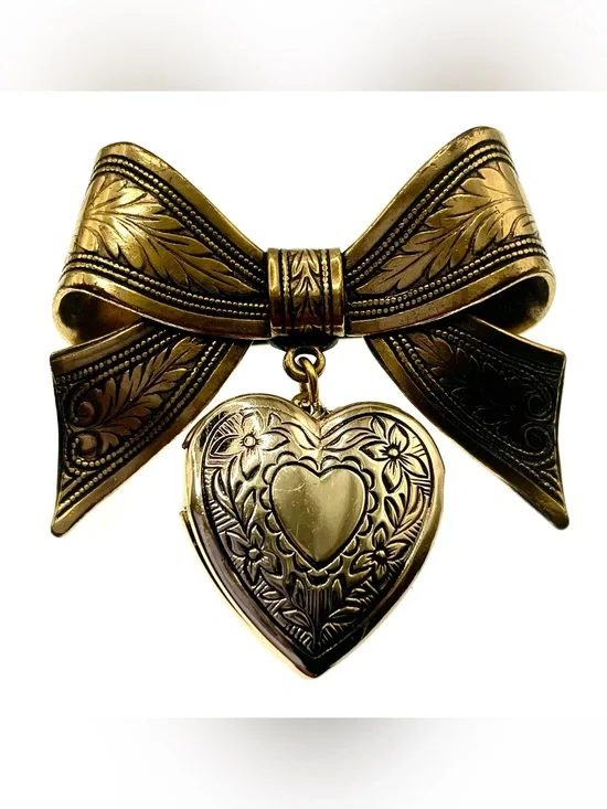 Vintage Gold Tone Bow Brooch Dangling Heart Locket Charm Victorian Revival
