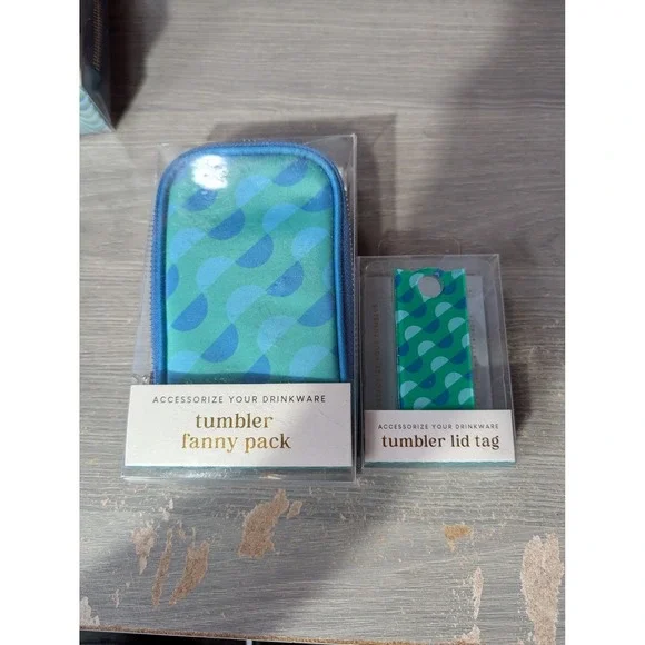 Your Drinkware Tumbler Fanny Pack and Lid Tag Set Blue Teal Geometric