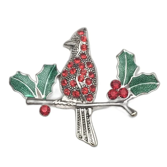 KC Brooch Red Green Enamel Jeweled Vintage Cardinal Holly Christmas Holiday