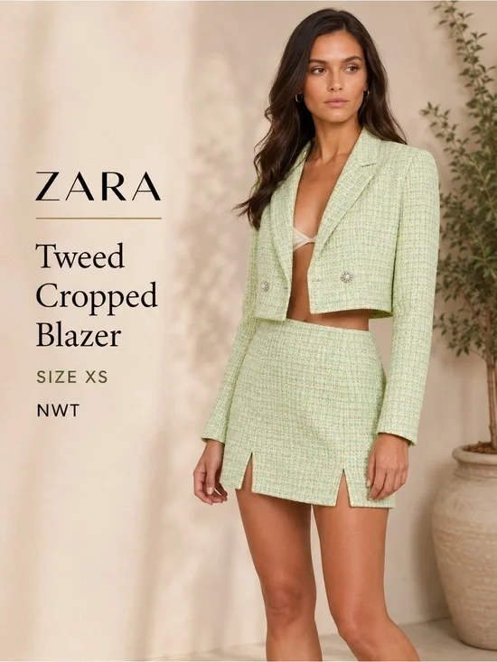 ZARA NWT Green Tweed Cropped Blazer Pearl Buttons Size XS