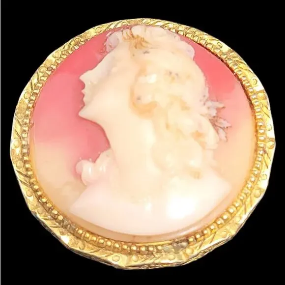 Retro Gold Tone Pink Cameo Brooch Round Carved Brooch coquette Vintage Accessory