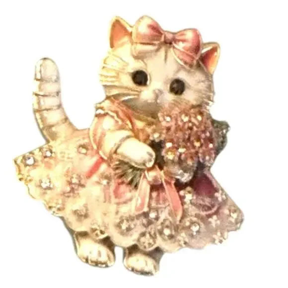 NWT Adorable Pink Cat Brooch Pin Florals Rhinestone
