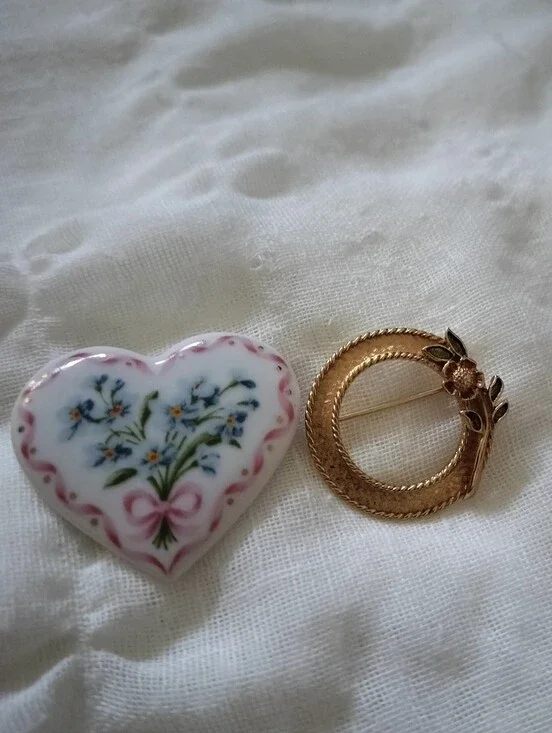 2 Vintage Floral Brooches | Gold-Tone Circle Wreath Pin & Porcelain Heart Pin