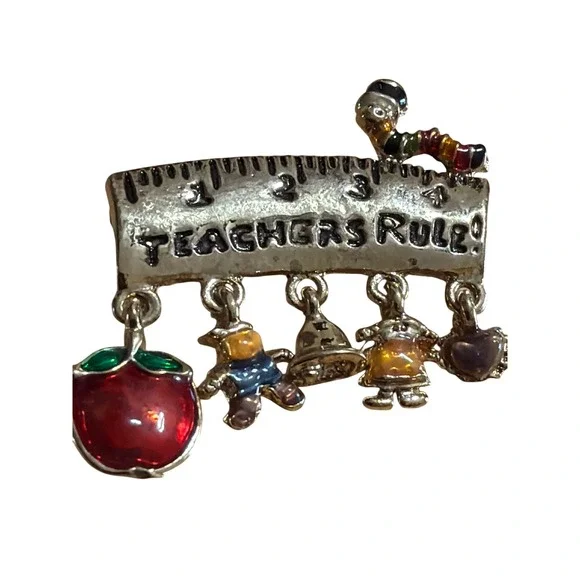 VTG Gold Tone Teachers Rule Ruler Brooch with Enamel Apple and Student Charms