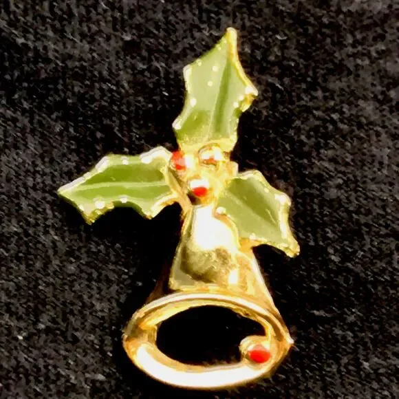 Christmas Bell Holly Pin Brooch Painted Gold Tone Vintage