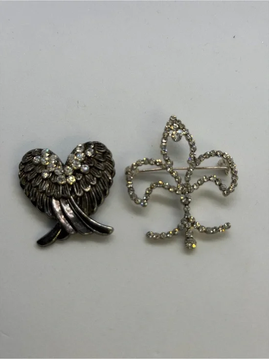 Silver-Tone Rhinestone Fleur-de-Lis and Heart Brooch Duo - Silver