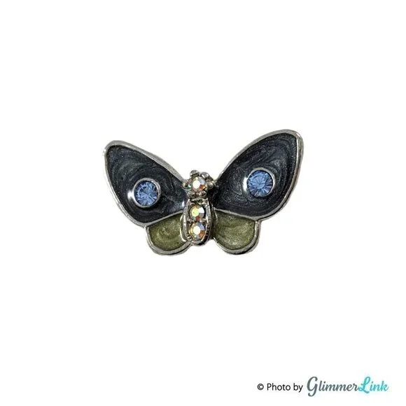 Dainty Blue & Green Enameled Rhinestones Butterfly Pin