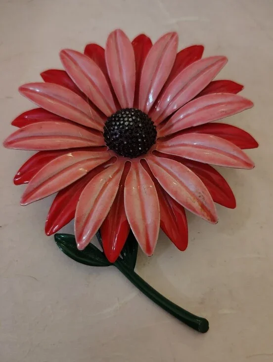 Vintage 1960s Coral Orange Enamel Daisy Flower Brooch Pin w/ Green Stem