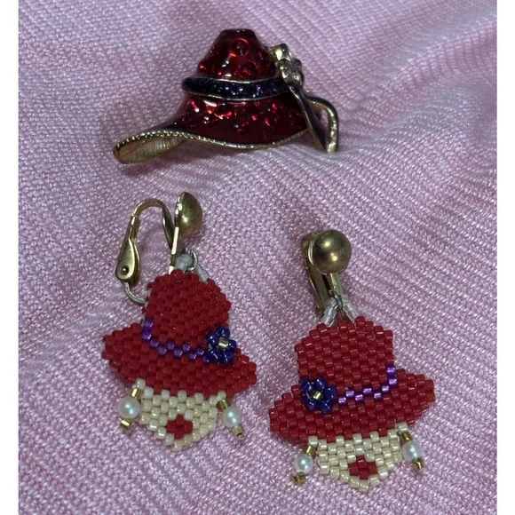 Red‎ Hat Society Vintage Brooch Pin Clip On Earring Set BOHO Glam Event