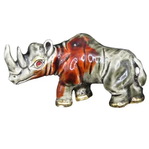 Vintage Rhino Brooch Pin Gold Tone Enamel Grey Red Rhinoceros With Gift Box