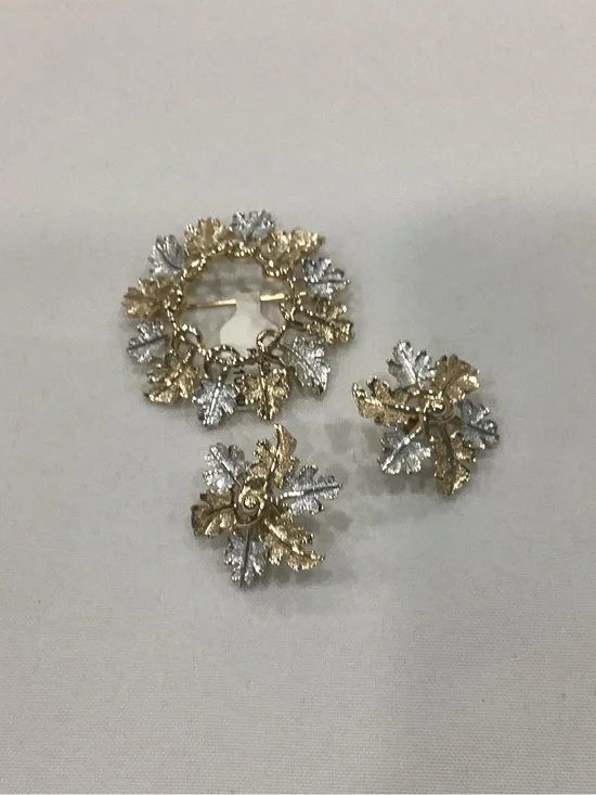 Gold and Silver Leaf Wreath Brooch and Earring Set