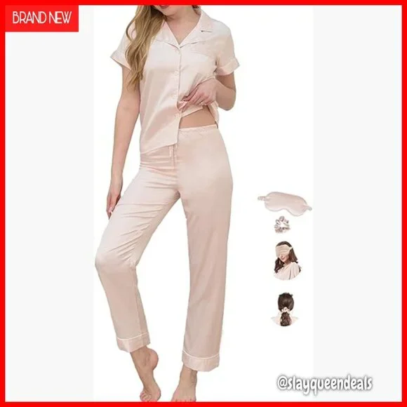 Silk Satin Pajama Set Short Sleeve Button Down Loungewear Sleepwear